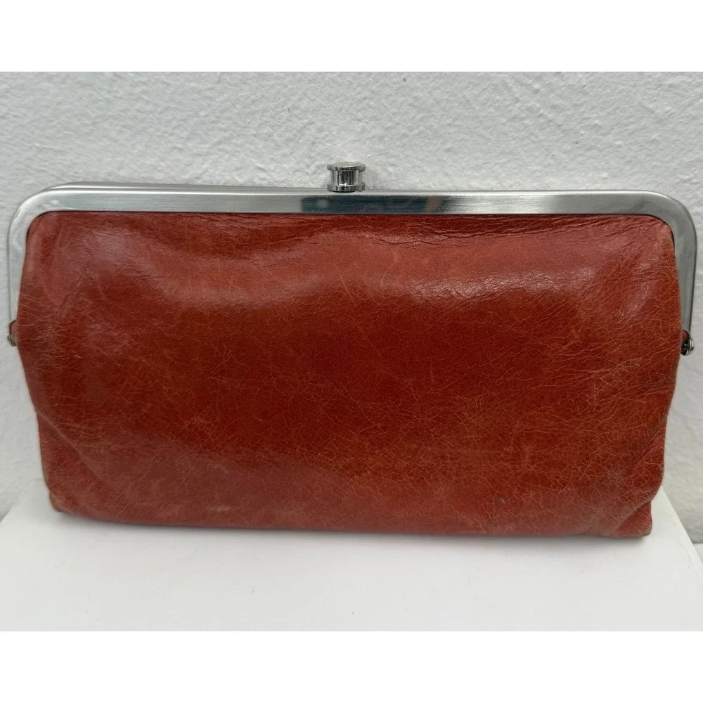 HOBO Leather Frame Clutch Wallet Cognac Kisslock Organizer RFID Brown